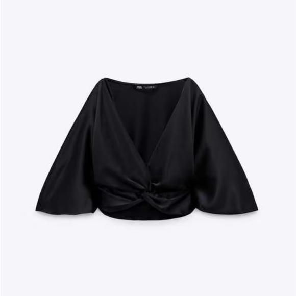 Zara Tops - ZARA BLACK SATIN KNOTTED CROPPED TOP